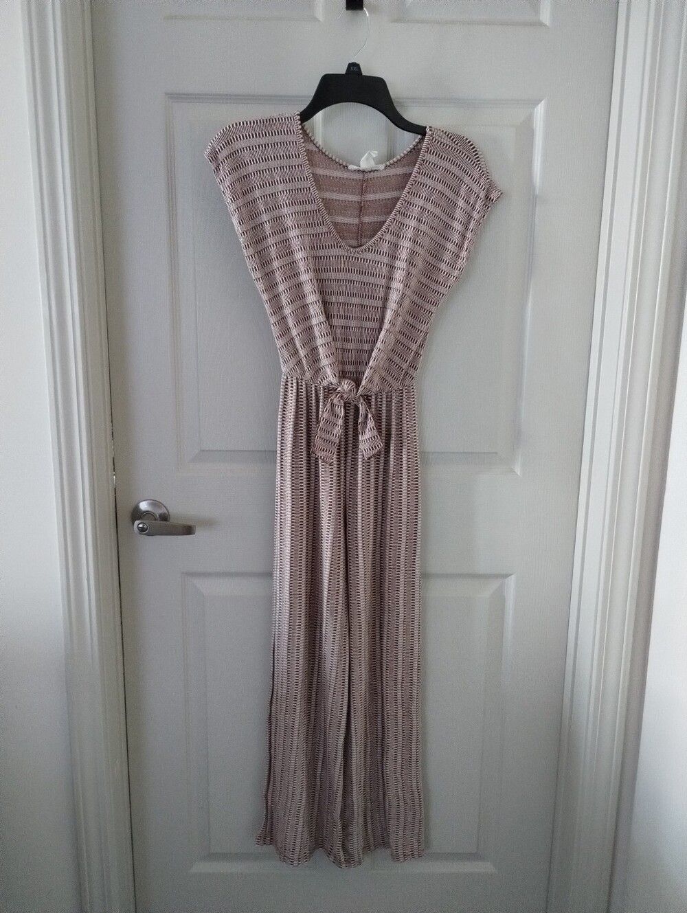 Caution To The Wind Taupe Striped Knit Jumpsuit with Waist Tie Size S